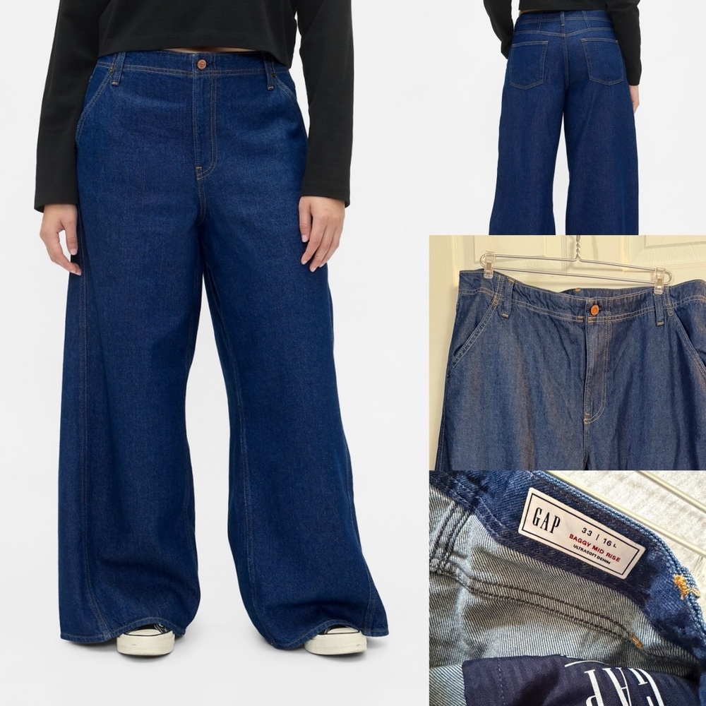GAP Baggy Mid Rise UltraSoft Wide Leg Jeans Dark Wash 33 16L